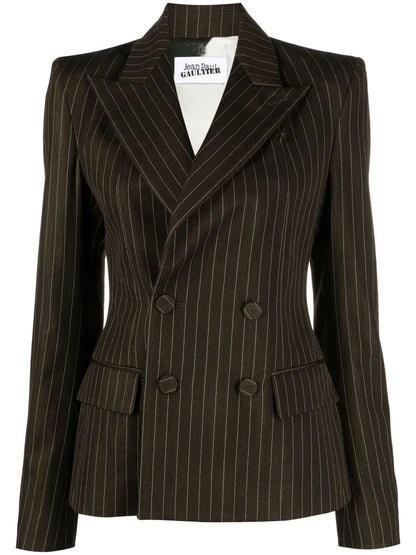 Pinstriped Double-Breasted Wool Blend Blazer