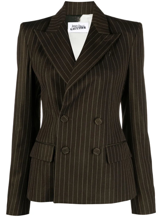 Pinstriped Double-Breasted Wool Blend Blazer