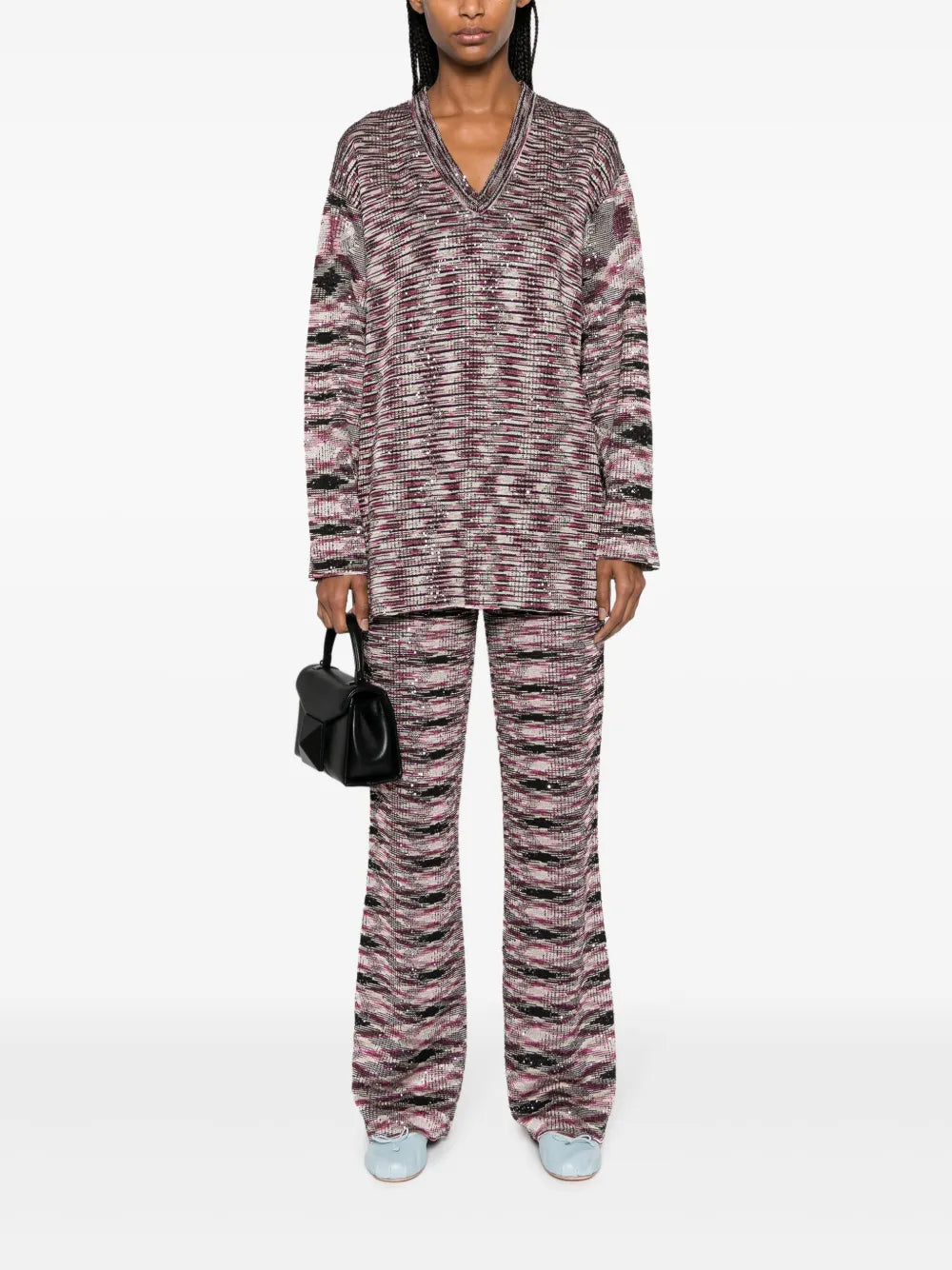 Patterned Intarsia-Knit Flared Trousers