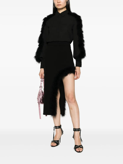 Feather-Trim Asymmetric Midi Skirt