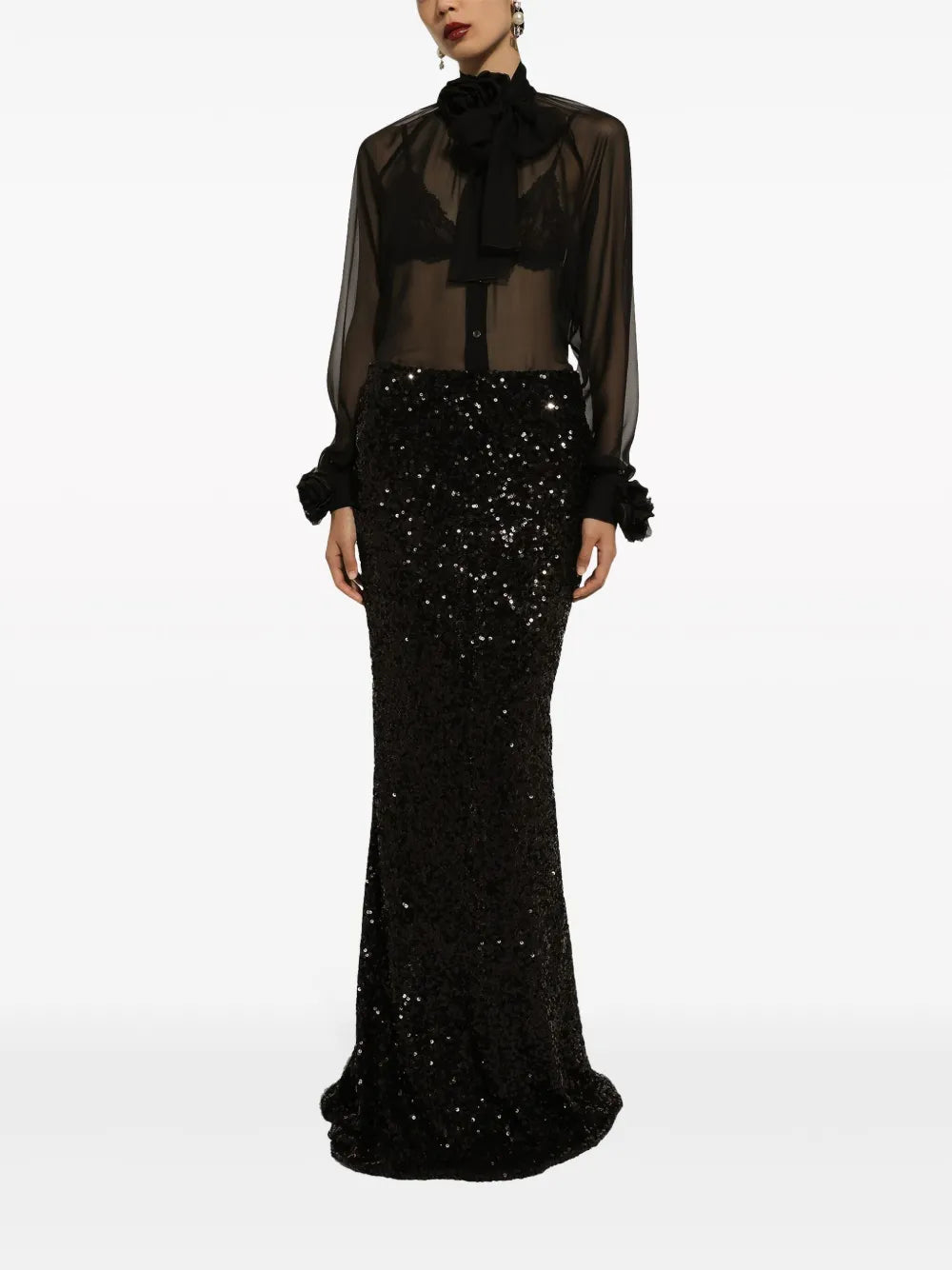 Floral-Appliqué Sheer Shirt