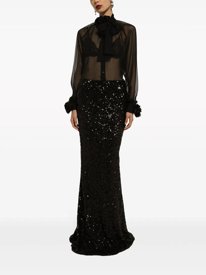 Floral-Appliqué Sheer Shirt