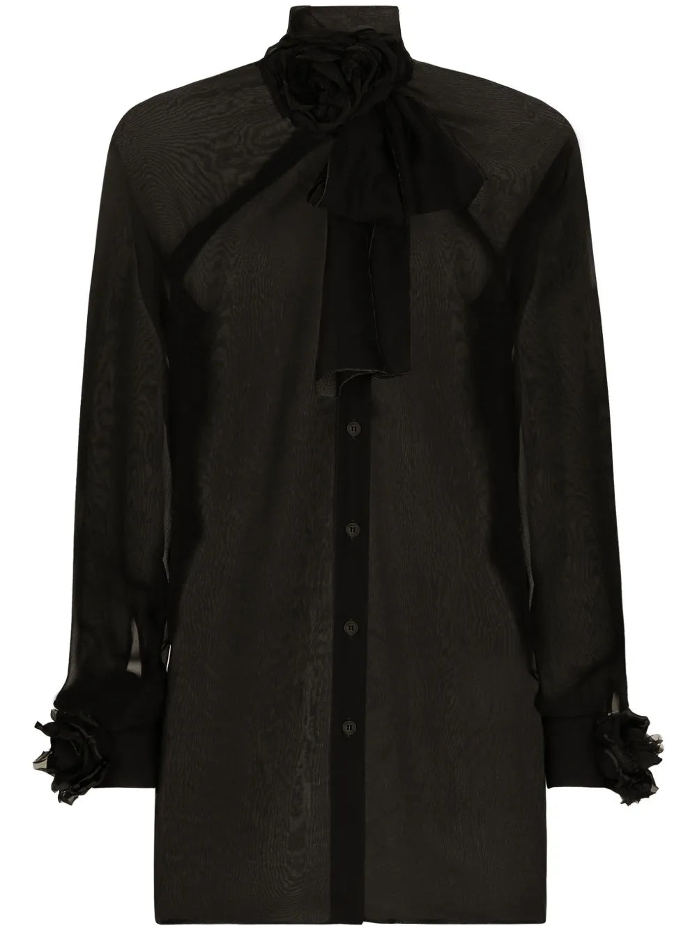 Floral-Appliqué Sheer Shirt