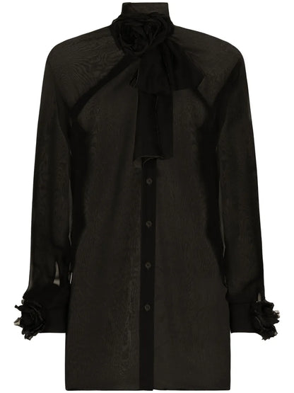 Floral-Appliqué Sheer Shirt