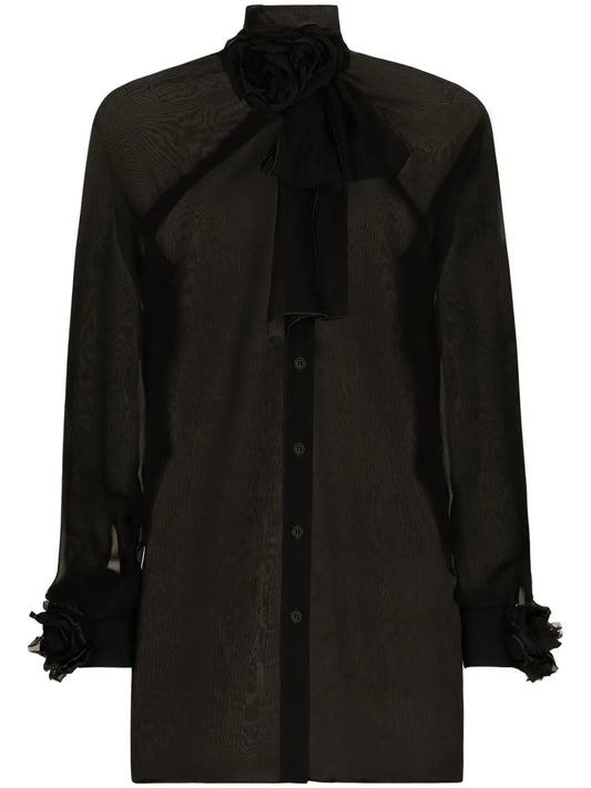 Floral-Appliqué Sheer Shirt