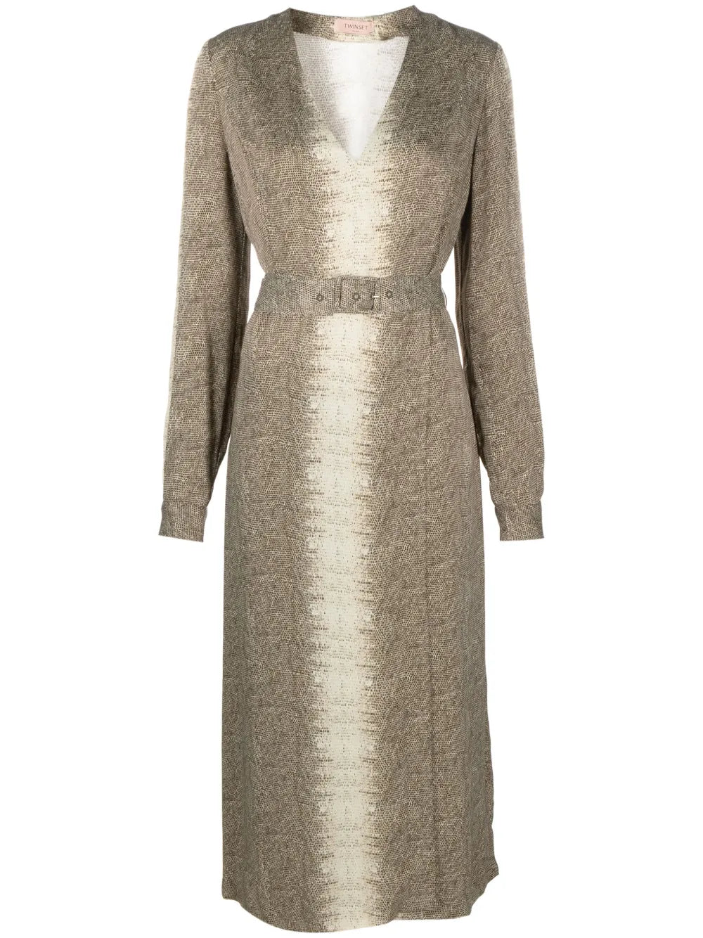Lizard-Print Belted Midi Dress