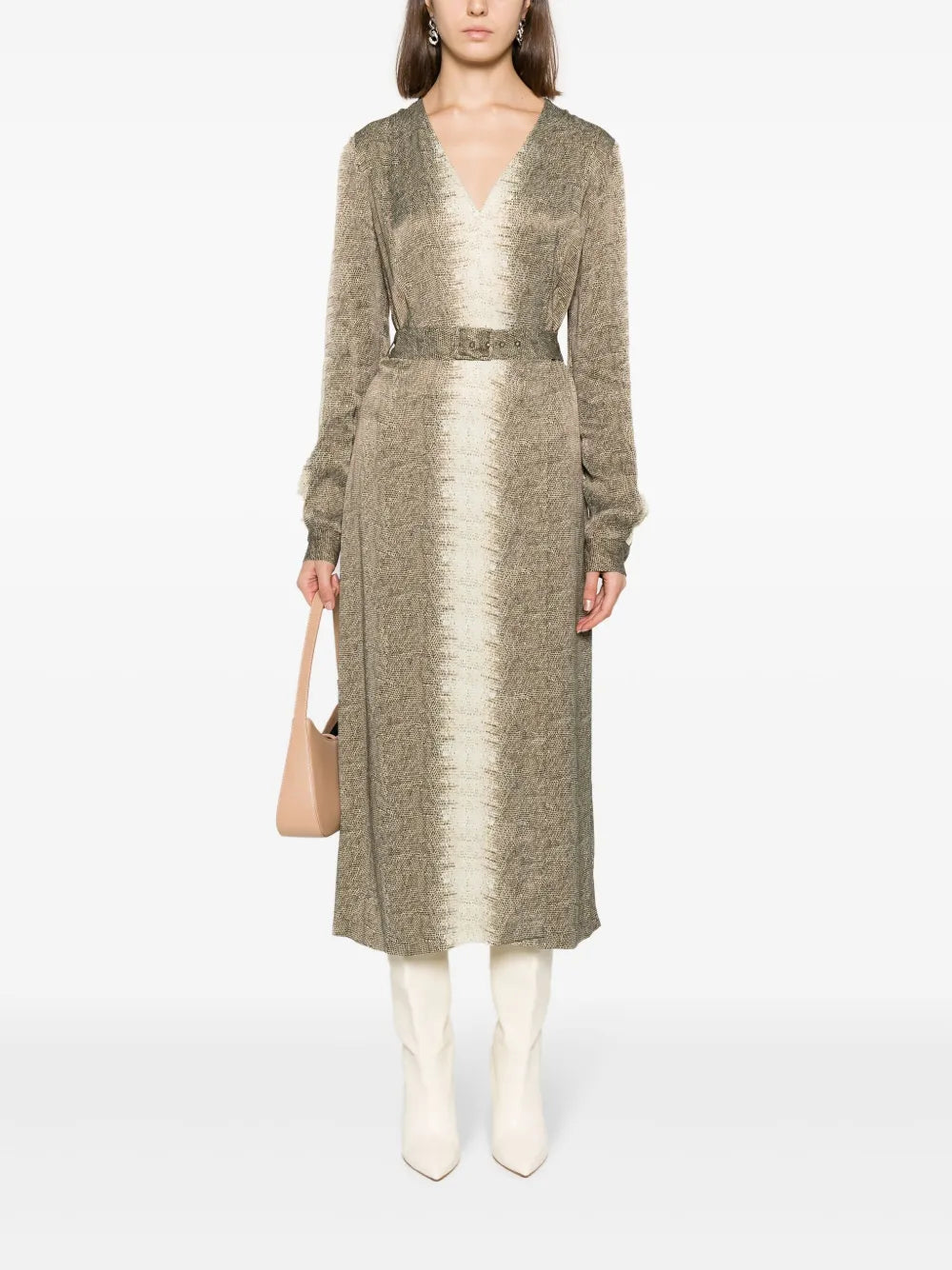 Lizard-Print Belted Midi Dress