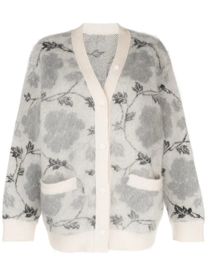 Floral Intarsia-Knit V-Neck Cardigan