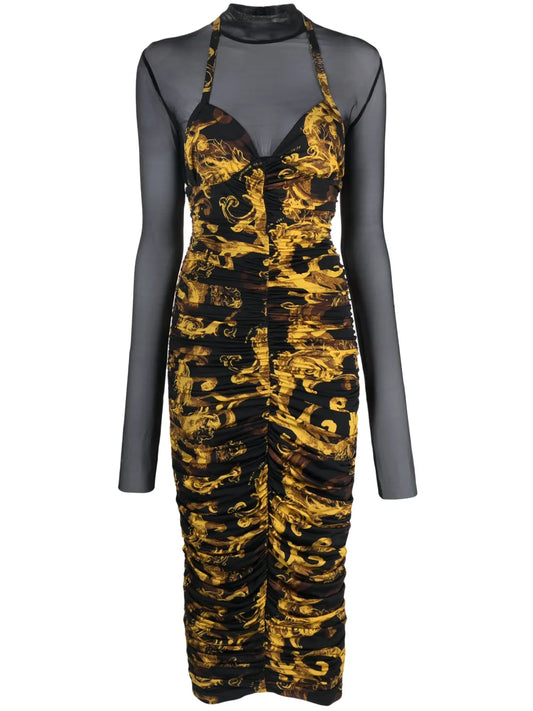 Barocco-Print Ruched Midi Dress