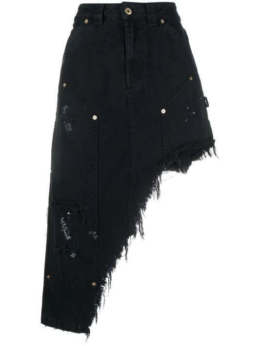 Workwear Distressed Asymmetric-Hem Skirt