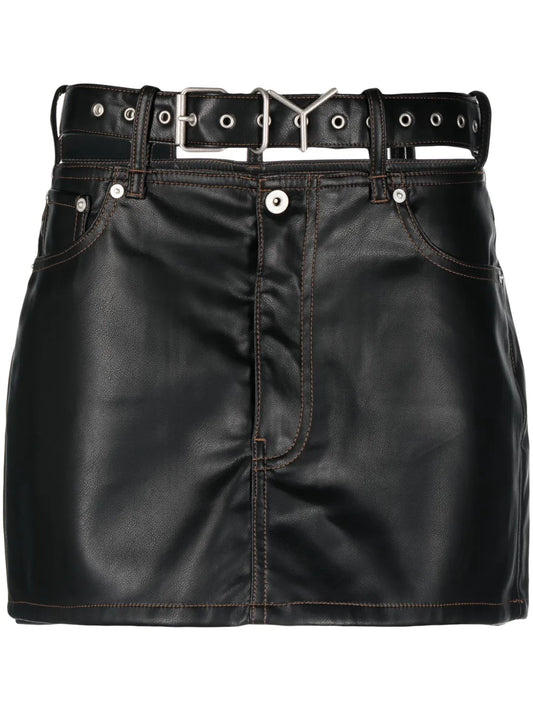 Y-Belt Faux-Leather Mini Skirt