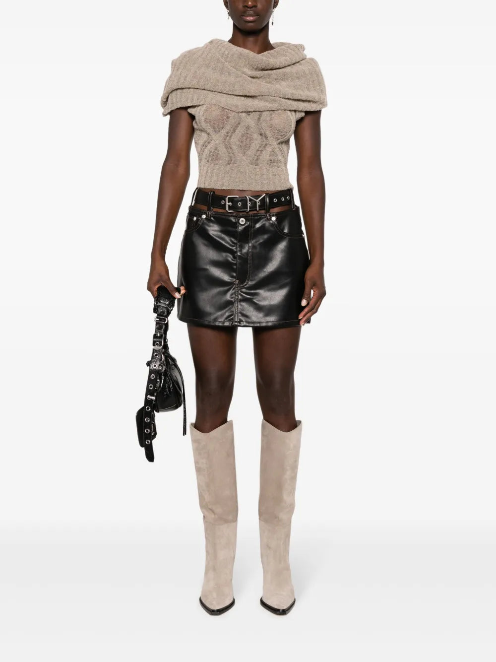 Y-Belt Faux-Leather Mini Skirt