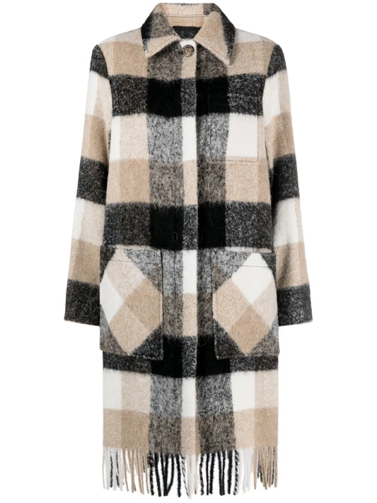 Plaid-Check Fringed-Hem Coat