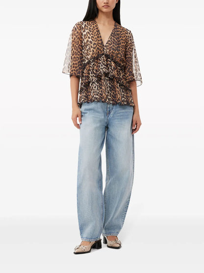 Leopard-Print V-Neck Pleated Blouse