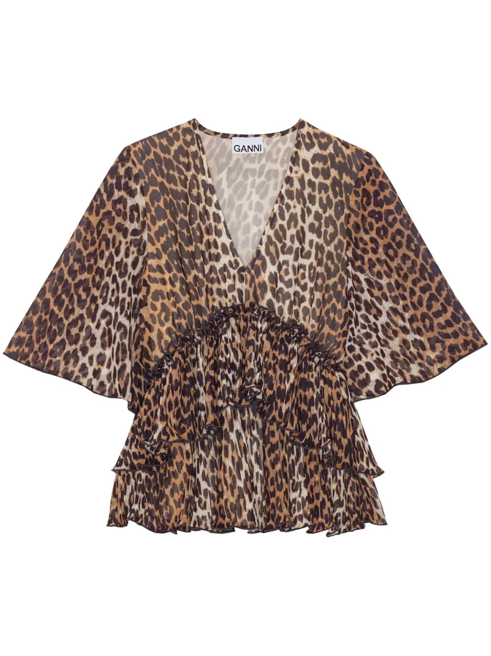 Leopard-Print V-Neck Pleated Blouse