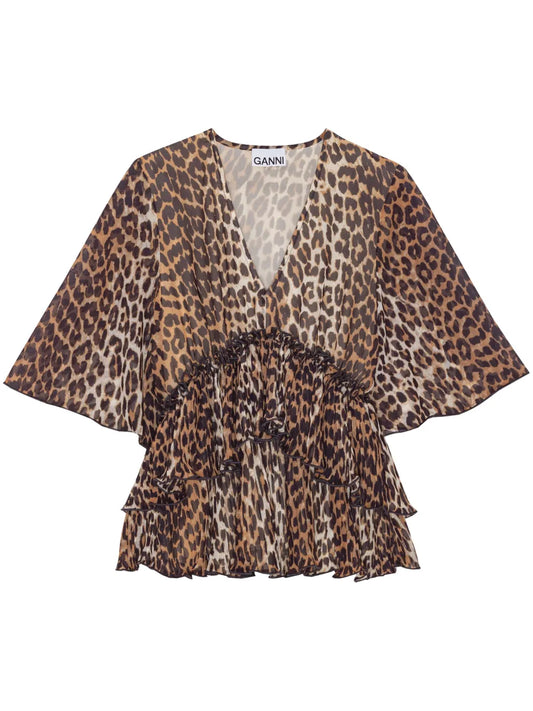 Leopard-Print V-Neck Pleated Blouse