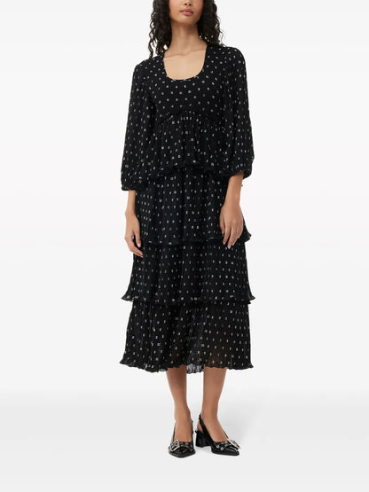 Graphic-Print Short-Sleeve Layered Midi Dress