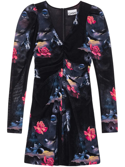 Graphic-Print Gathered Minidress