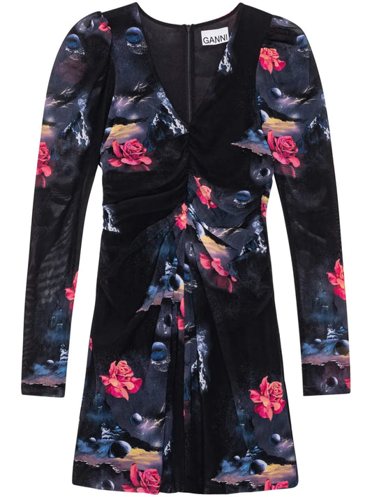 Graphic-Print Gathered Minidress