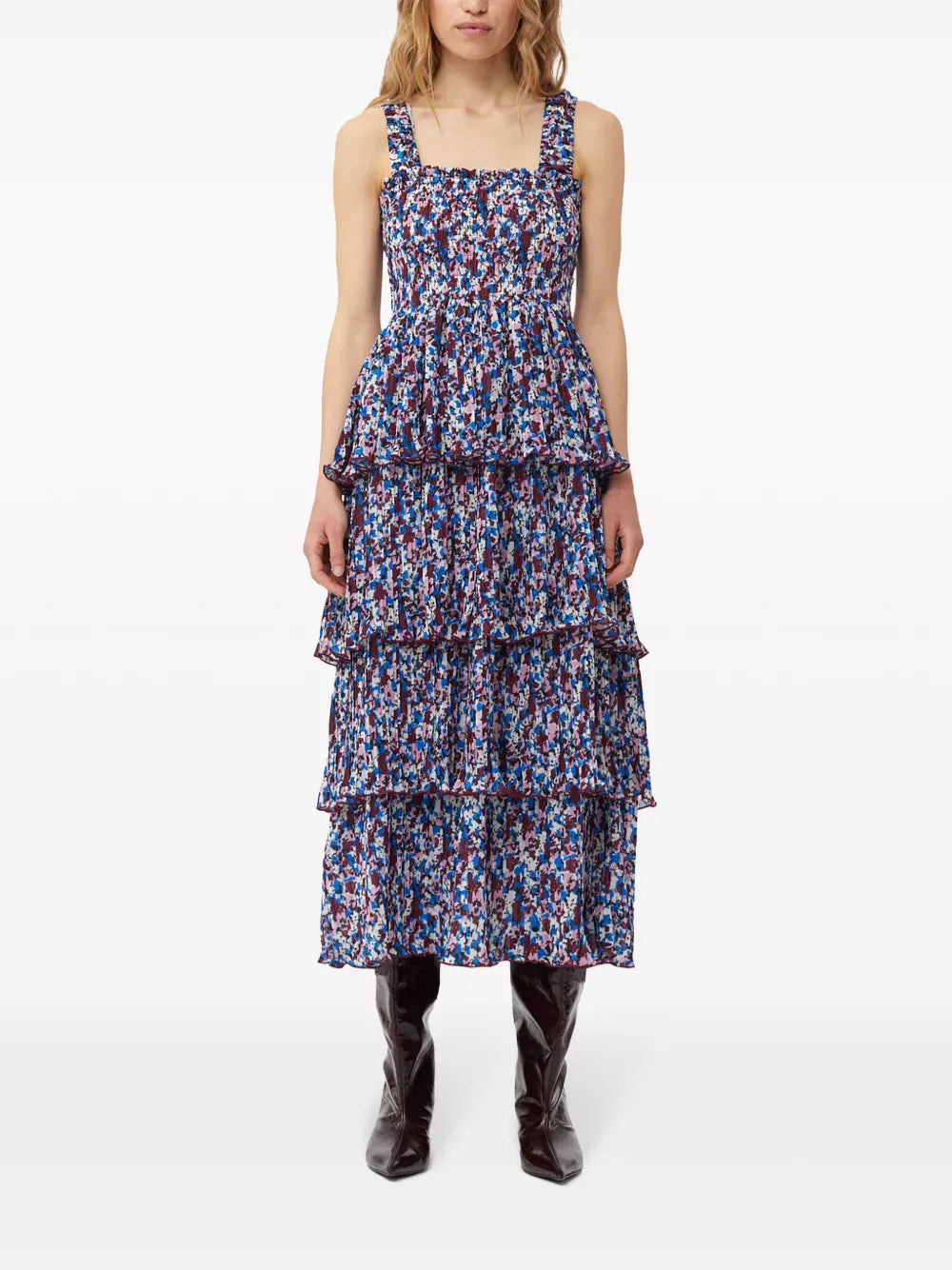 Floral-Print Layered Midi Dress