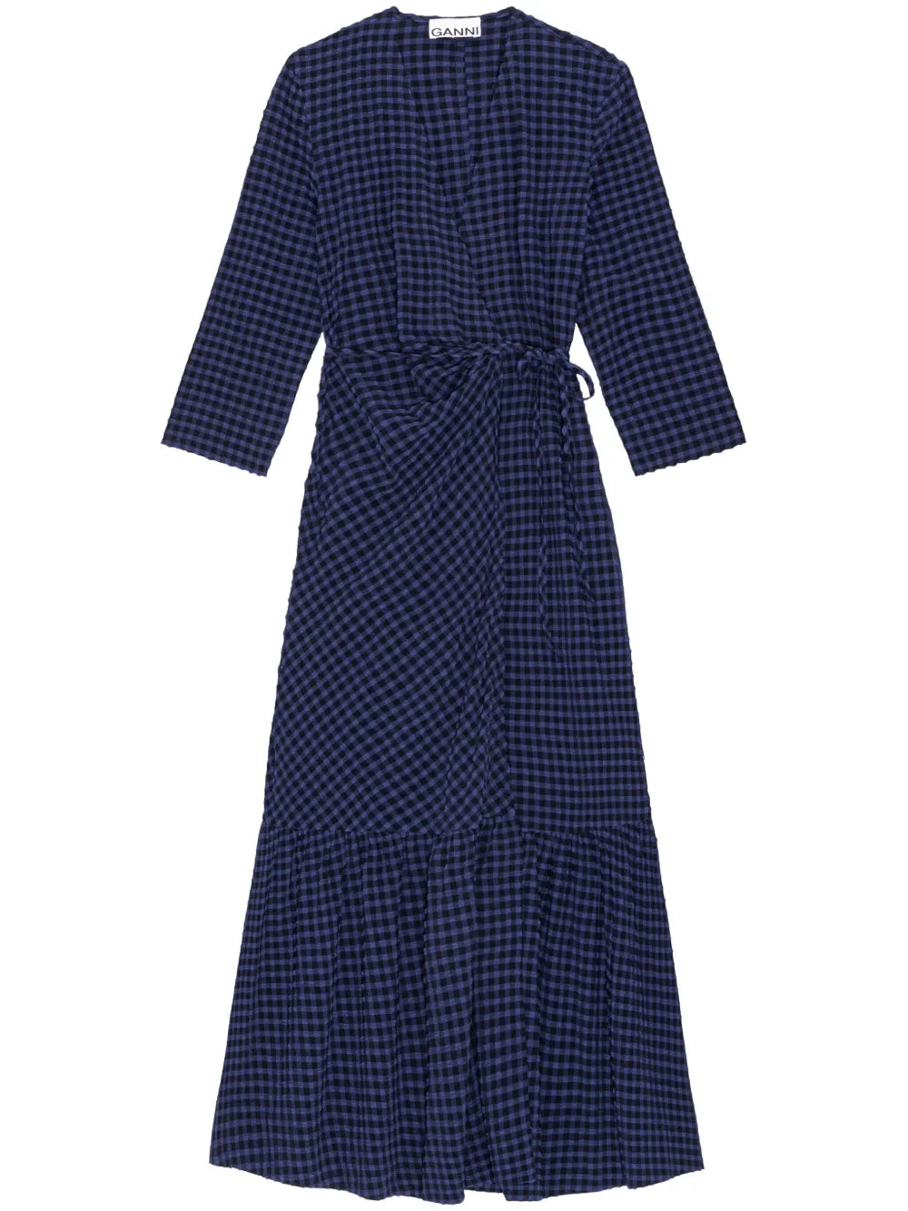 Gingham-Check Pattern Wrap Midi Dress
