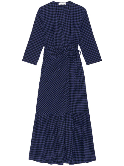 Gingham-Check Pattern Wrap Midi Dress