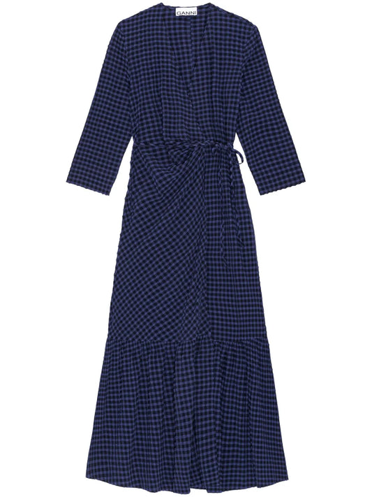 Gingham-Check Pattern Wrap Midi Dress