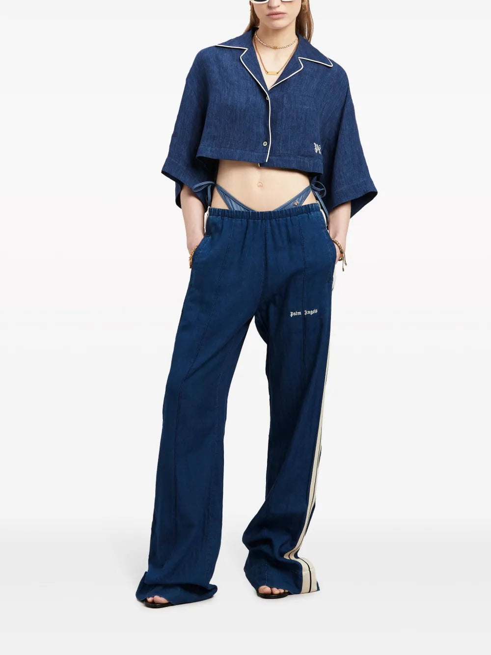 Monogram-Embroidered Satin Cropped Shirt