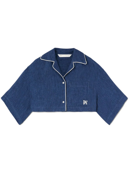 Monogram-Embroidered Satin Cropped Shirt