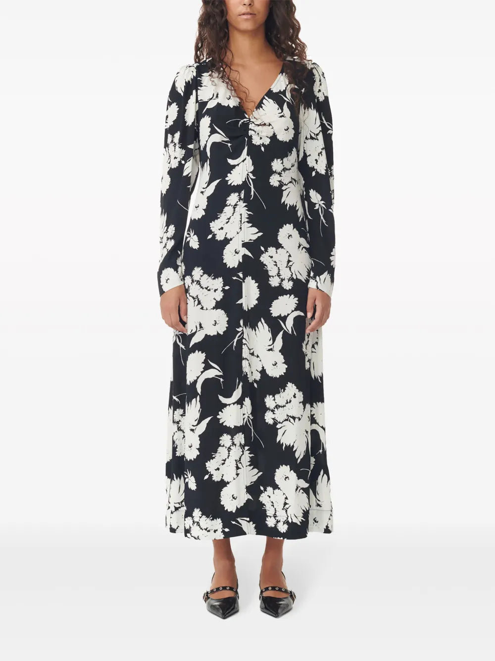 Floral-Print Long-Sleeve Midi Dress