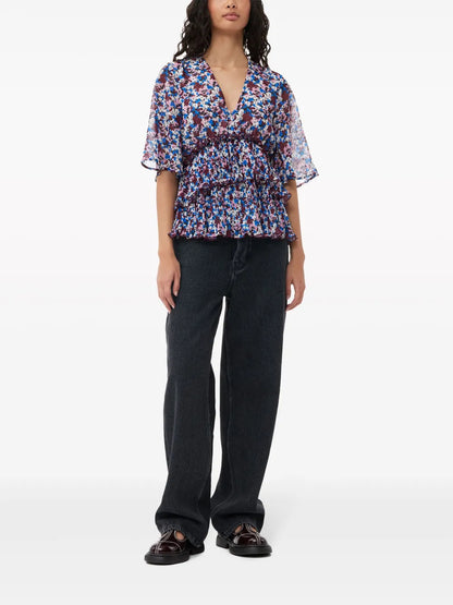 Floral-Print V-Neck Pleated Blouse