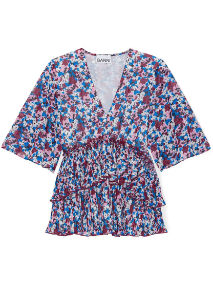 Floral-Print V-Neck Pleated Blouse