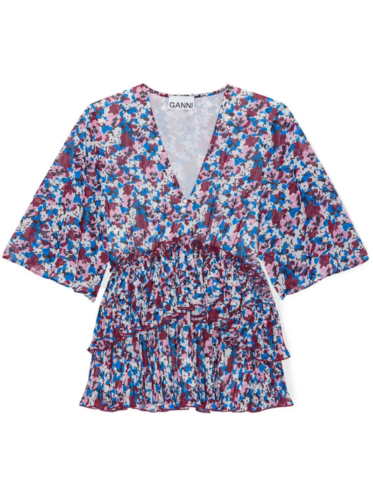 Floral-Print V-Neck Pleated Blouse