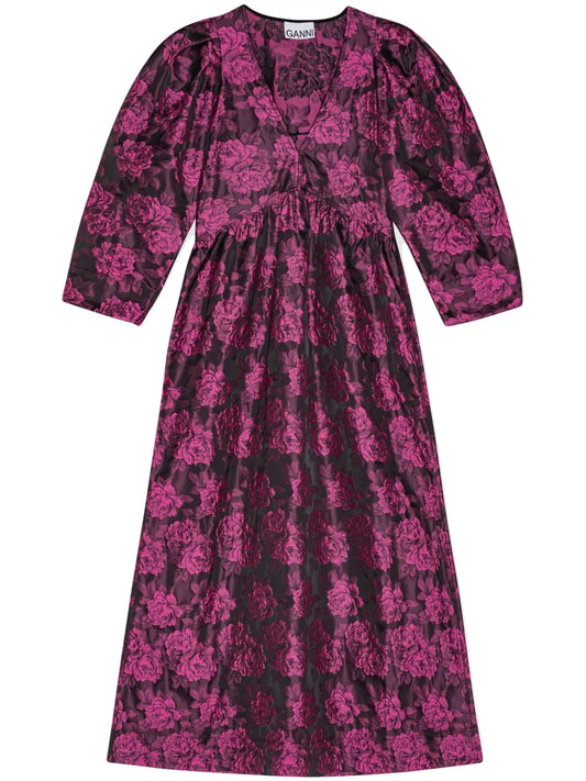 Botanical-Jacquard Puff-Sleeves Midi Dress