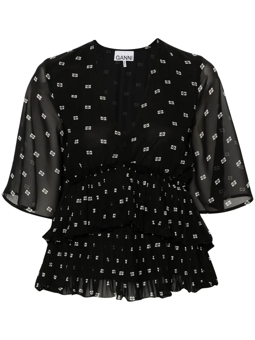 Graphic-Print V-Neck Pleated Blouse