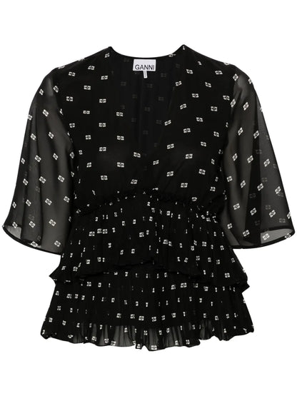 Graphic-Print V-Neck Pleated Blouse