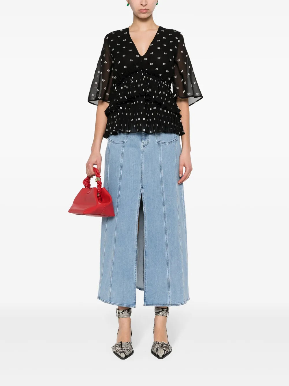 Graphic-Print V-Neck Pleated Blouse