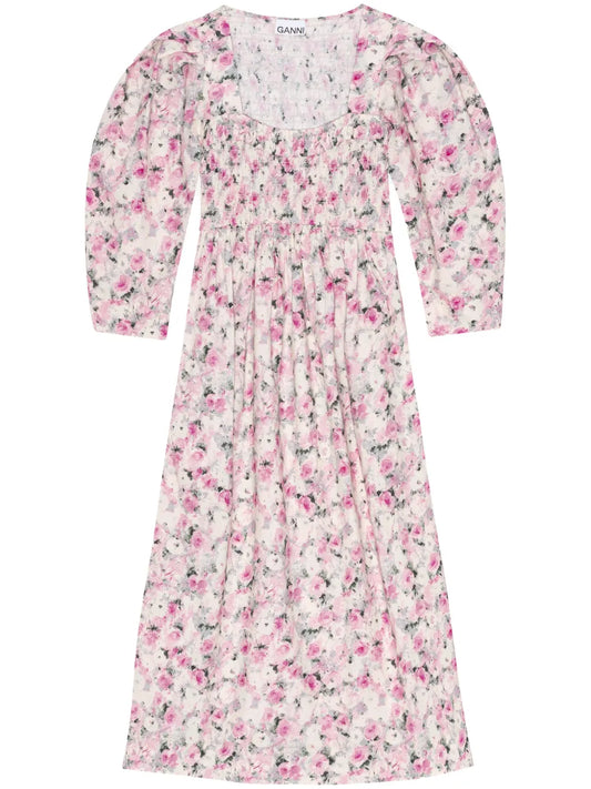 Floral-Print Puff-Sleeves Midi Dress
