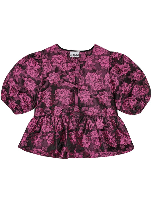 Botanical-Print Short Puff-Sleeve Cropped Top