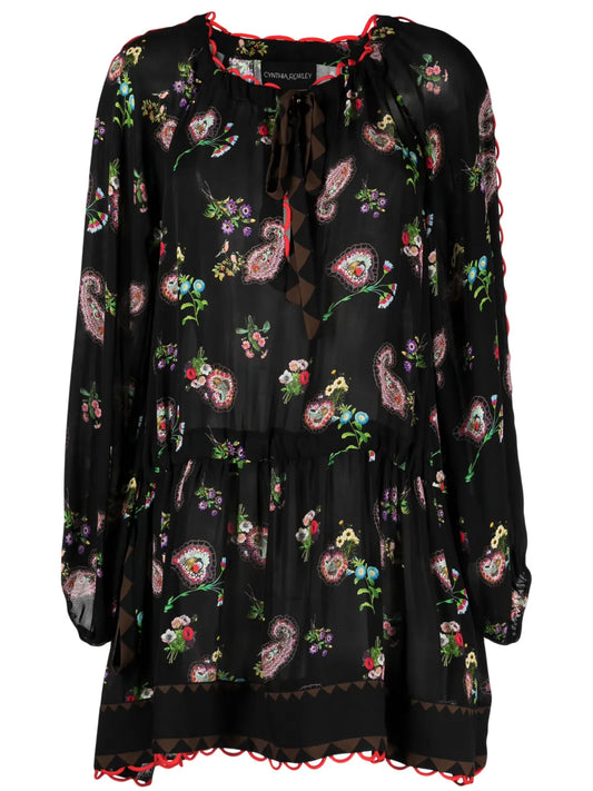 Floral-Print Dropped-Waist Silk Minidress