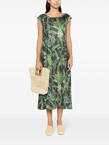 Tie Leaf-Print Midi Dress