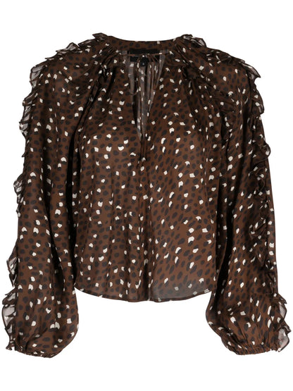 Ruffled Polka-Dot Silk Blouse