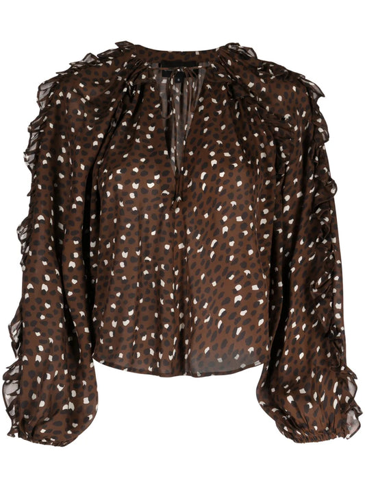 Ruffled Polka-Dot Silk Blouse