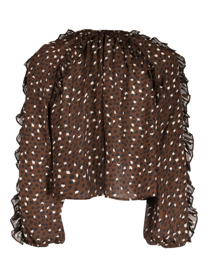 Ruffled Polka-Dot Silk Blouse