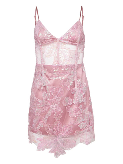 Floral-Embroidered Sequinned Mini Dress