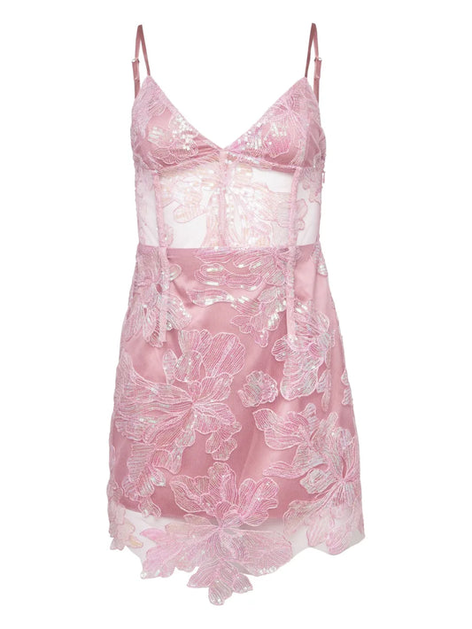 Floral-Embroidered Sequinned Mini Dress