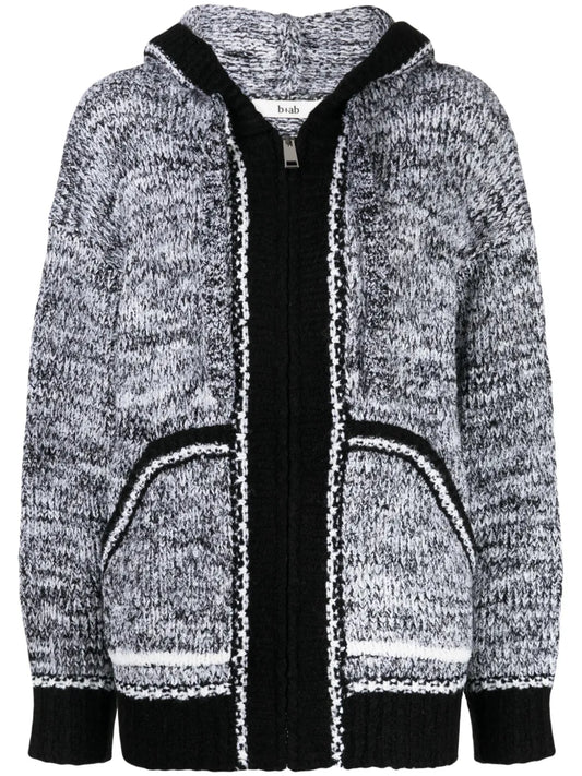 Contrasting-Trim Mélange Hooded Cardigan
