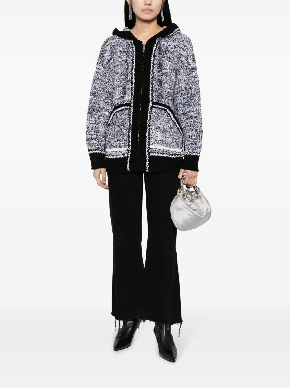 Contrasting-Trim Mélange Hooded Cardigan