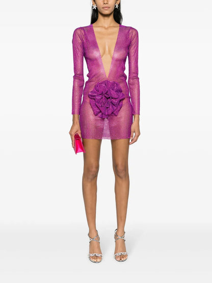 Faux Flower-Detail Rhinestone-Embellished Minidress