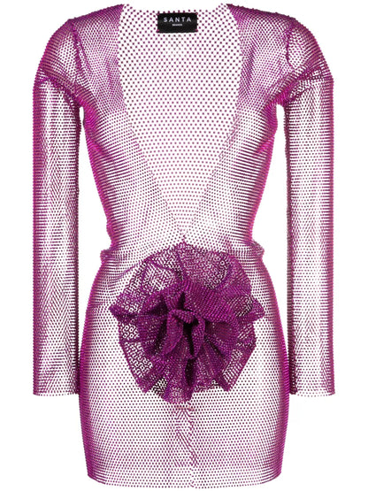Faux Flower-Detail Rhinestone-Embellished Minidress